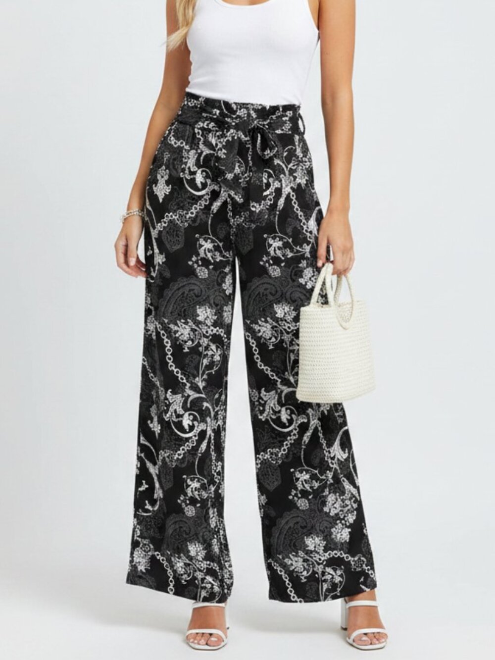 EST 1948 Black & White Floral Chain Print Belted Palazzo Wide Leg Pants XS NEW